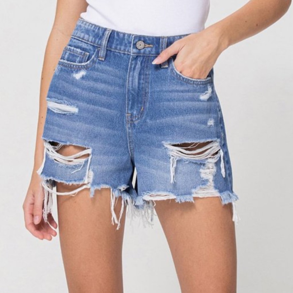 High-Rise Distressed Blue Denim Jean Shorts